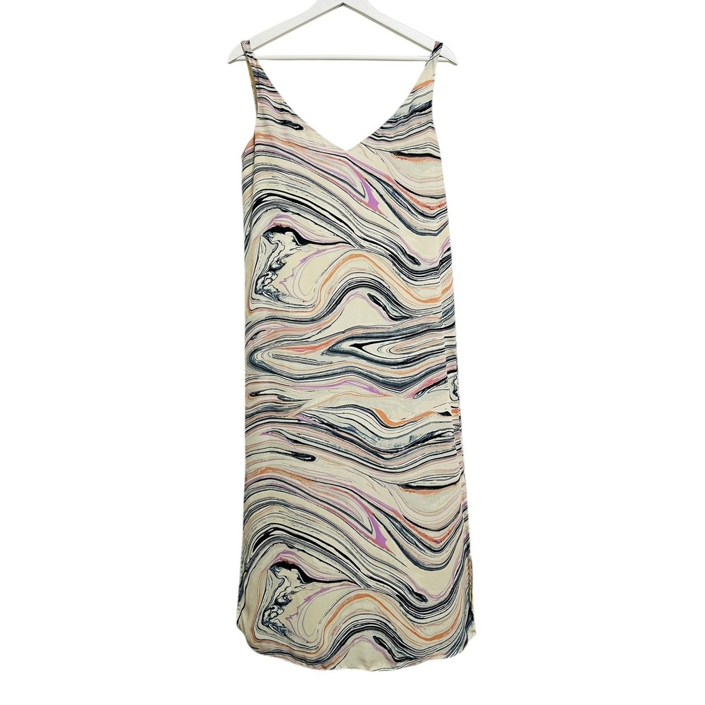 Halston Marble Swirl Midi Dress Women XS Cream Black Orange V-Neck Artistic Chic